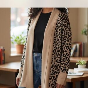 Tan and Black Leopard Cardigan - Size M